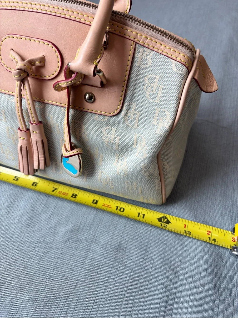 Vintage Dooney Bourke Light Blue Logo Satchel with Vacchetta Leather Trim Tassel